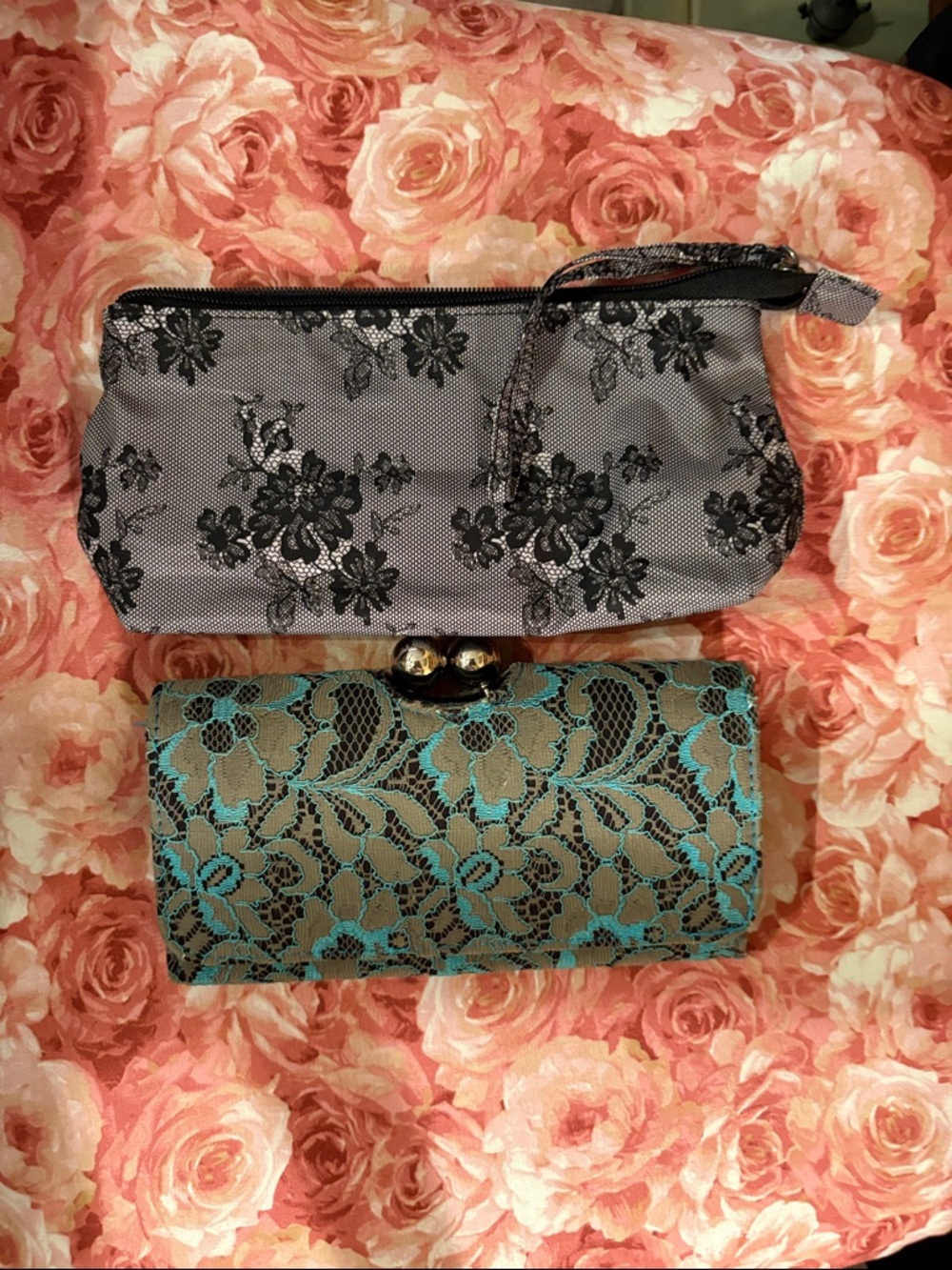 Black and Turquoise Lace Clutch Set - Women Bags